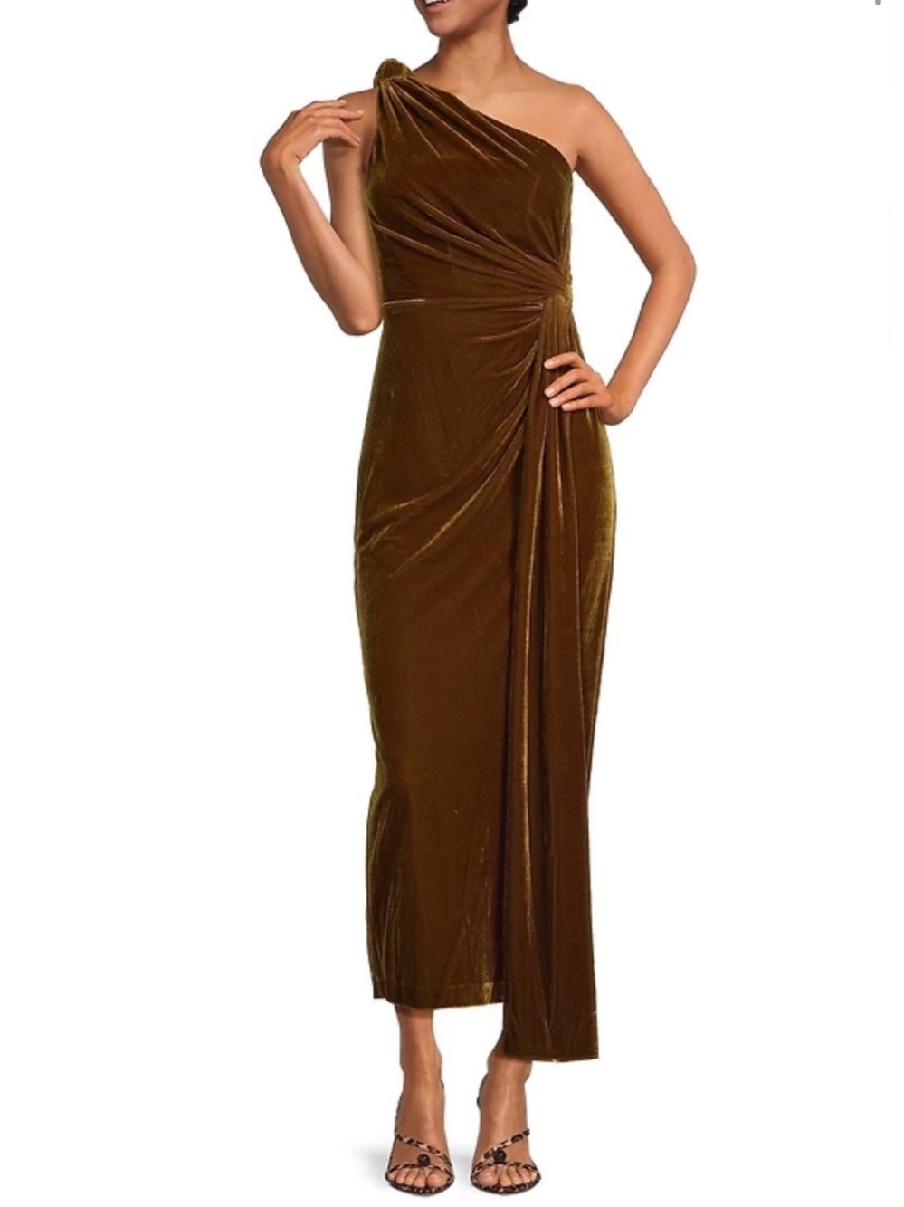Muse One-Shoulder Velvet Gown in Olive Brown